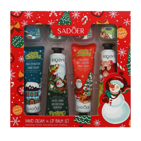 Набор 8 шт (кремы для рук 4 шт х 30гр, бальзамы для губ 4 шт х 7гр) тм SADOER Merry Xmas, подар.уп.