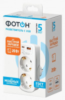 ФОТОН разветвитель 2роз. 16A 1xUSB-A(18Вт) + 1xUSB-C(20Вт) 3A земля, белый, быстрая зарядка 26137
