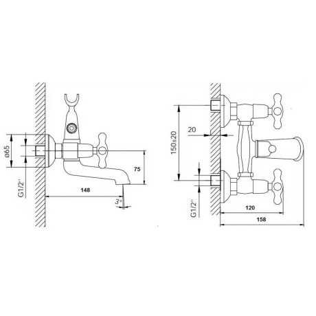 RAIN Смеситель для ванны Алия, короткий излив, керам. кран-буксы 1/2, душ. набор, латунь, хром