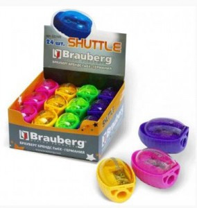 Точилка BRAUBERG "Shuttle" с контейнером , эллиптическая, в дисплее, ассорти, 222505