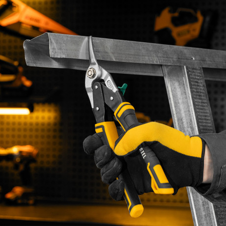 Ножницы по металлу, 270 мм, прямой и правый рез, сталь-СrMo, трехкомпонентные рукоятки Denzel