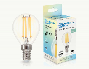 Ambrella лампа св/д шар P45 E14 15W(1320lm) 4000K 4k 45х78 филамент (нитевидная) 451534