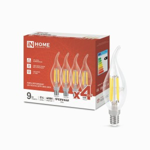ASD/InHome лампа св/д Deco свеча на ветру E14 9W(1040lm) 4K 125x35 прозр(4шт/уп, цена за уп) 3455
