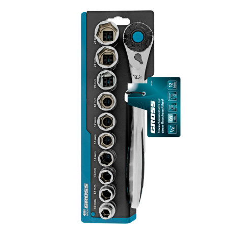 Набор торцевых головок, трещотка 120 зубьев, 1/2", CrV, 12 предметов Gross