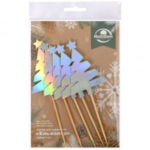 Топпер для украшения Ель-колор 15см, н-р 5шт (кратность 6!!!) дерево, бумага VL2-316 Мультидом