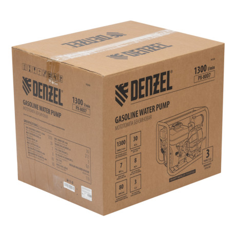 Мотопомпа бензиновая для грязной воды PX-80D7, 7 л.с., 3", 1300 л/мин, глуб 8 м,напор 30 м Denzel
