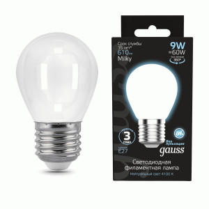 Gauss Filament Шар 9W(610lm) 4100K 4K E27 milky матов. филамент (нитевидная) 105202209