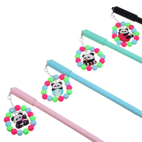 Ручка гелевая черная, с браслетом и фигуркой панды, 4 дизайна
