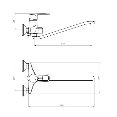 RAIN Смеситель для ванны Атриа, плоский излив 40см, душ. набор, картридж 40мм, латунь, хром
