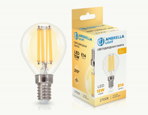 Ambrella лампа св/д шар P45 E14 15W(1270lm) 2700K 2K 45х78 филамент (нитевидная) 451533