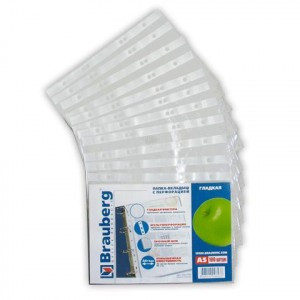 Папка-файл перфорир., КОМПЛЕКТ 100шт., А5 BRAUBERG гладкая, "Яблоко", 221714
