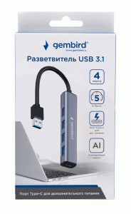 Разветвитель USB3.1 Gembird 4хUSB, с доп.питанием (порт Type-C), кабель USB 19см, алюминий, коробка