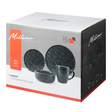 MILLIMI Набор стол.посуды 16пр(тар26см*4, тар20см*4, салатн14см*4, кружка340мл*4) керамика, черный