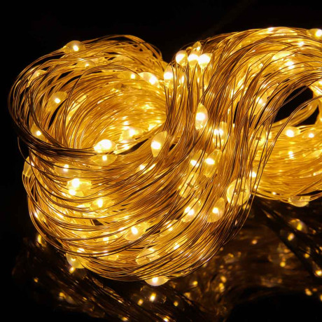 СНОУ БУМ Гирлянда эл. нить росы 20м, 200LED, шампань, 8 реж., медная проволока, серебр. цвет, 220В