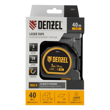 Лазерный дальномер с рулеткой LT-40, 5м x 19 мм, дальномер 40м, автомат. фиксация Denzel