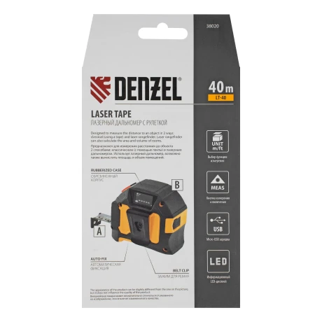 Лазерный дальномер с рулеткой LT-40, 5м x 19 мм, дальномер 40м, автомат. фиксация Denzel