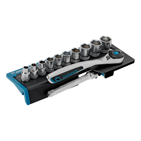 Набор торцевых головок, трещотка 120 зубьев, 3/8", CrV, 12 предметов Gross