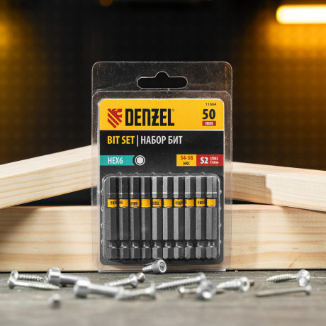 Бита HEX 6х50, сталь S2, шестигранный профиль, 10 шт. Е 6,3 Denzel