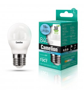 Camelion Шар G45 E27 10W(840lm 220°) 4500K 4K матов. 90x47 пластик LED10-G45/845/E27