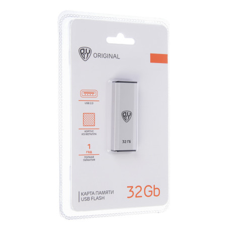 Флеш-карта USB2.0 BY 32Гб выдвижная Silverslide, блистер, алюминий, пластик, серебристый