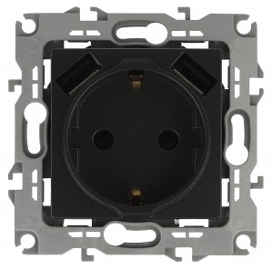 Эра12 роз. СУ, 1 мест. , 2P+E с 2xUSB 16A, штор. 5В-3А, антрацит, 250В, IP20, 12-4109-05 6507