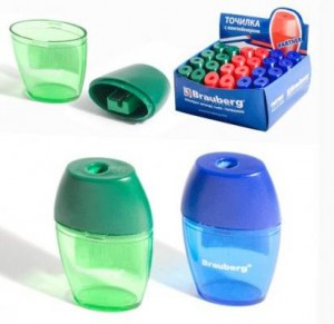 Точилка BRAUBERG "Partner" с контейнером овальная, в дисплее, ассорти, 222491