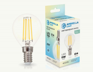 Ambrella лампа св/д шар P45 E14 11W(970lm) 4000K 4K 45х78 филамент (нитевидная) 451134