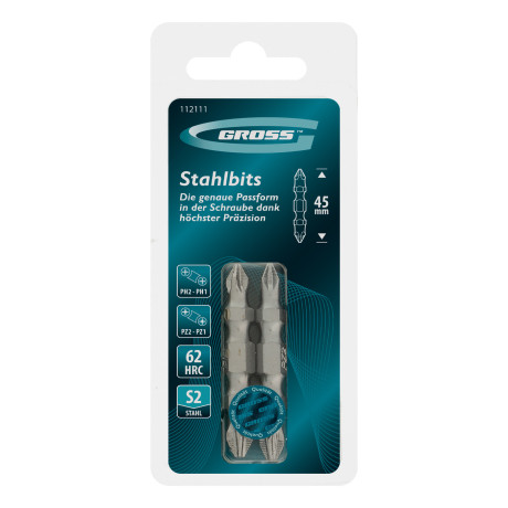 Набор бит двухстор., PH2-PH1х45мм, PZ2-PZ1х45мм, сталь S2, 2 шт. Gross