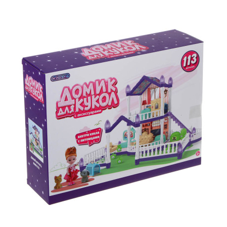 ИГРОЛЕНД Дом для куклы с акс., питомцами и куклой, 113 пред., ABS, PP, полиэстер, 30х8х23 см