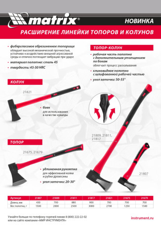 Топор, 1250 г, фибергласовое топорище 700 мм Matrix