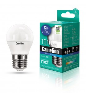 Camelion Шар G45 E27 12W(1010lm 220°) 6500K 6K матов. 90x47 пластик LED12-G45/865/E27