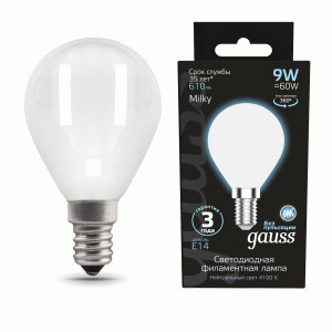 Gauss Filament Шар 9W(610lm) 4100K 4K E14 milky матов. филамент (нитевидная) 105201209
