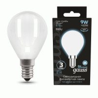 Gauss Filament Шар 9W(610lm) 4100K 4K E14 milky матов. филамент (нитевидная) 105201209