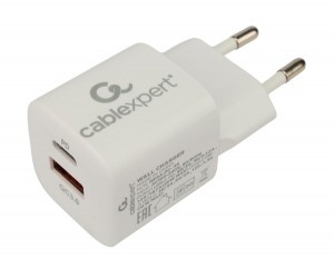 Зарядное устройство Cablexpert 20Вт, 3А, QC3.0/PD, 2 порта: USB и Type-C, белый, пакет