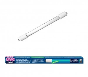 Uniel лампа у/ф бактерицидная T5 G5 8W, 253.7нм 288x20 без озона, кварцевое ст. EFL-T5-8/UVCB/G5/CL