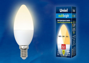 Uniel Multibright свеча E14 6W(510lm) (диммер 100-50-10%) 3000K 2K матов LED-C37-6W/WW/E14/FR/MB
