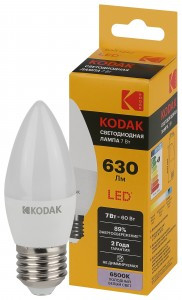 KODAK лампа св/д свеча B35 E27 7W(630lm) 6000K 6K 110х37 170-265В B35-7W-865-E27 2 года 57628