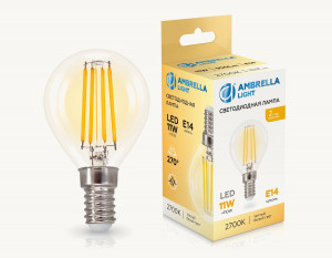 Ambrella лампа св/д шар P45 E14 11W(950lm) 2700K 2K 45х78 филамент (нитевидная) 451133