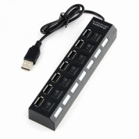 Разветвитель USB2.0 Gembird, 7хUSB, с доп.питанием, подсв и выкл, кабель USB 55см, черный, короб