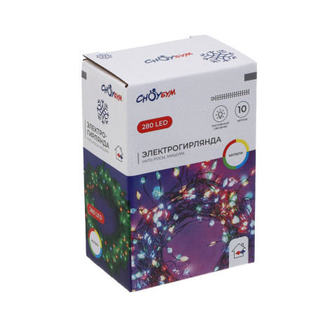 СНОУ БУМ Гирлянда эл. нить росы мишура 10м, 280LED, мульти, пост.свеч., мед.провол., зел. цвет, 220В