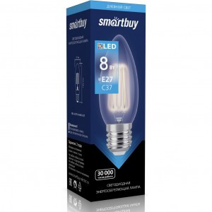 Smartbuy свеча C37 E27 8W(750lm) 4000K 4K филамент (нитевид) прозр. SBL-C37F-8-40K-E27