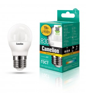 Camelion Шар G45 E27 10W(830lm 220°) 3000K 2K матов. 90x47 пластик LED10-G45/830/E27