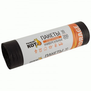 Мешки для мусора 200л/10шт, 30мкм, ПВД, рулон, черные 6978 Рыжий кот