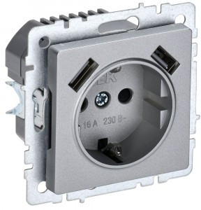 IEK BRITE мех. роз. СУ земля, штор. 16А с USB A+A 3,1А РЮш10-2-БрА алюм. BR-R14-16-U21-D31-K47
