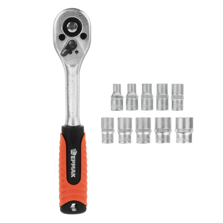 ЕРМАК Набор профессионального инструмента, 11 предметов, 1/4" (головки и трещотка)