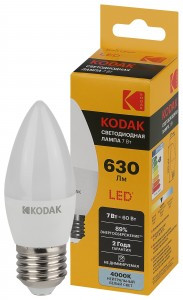 KODAK лампа св/д свеча B35 E27 7W(630lm) 4000K 4K 110х37 170-265В B35-7W-840-E27 2 года 57627