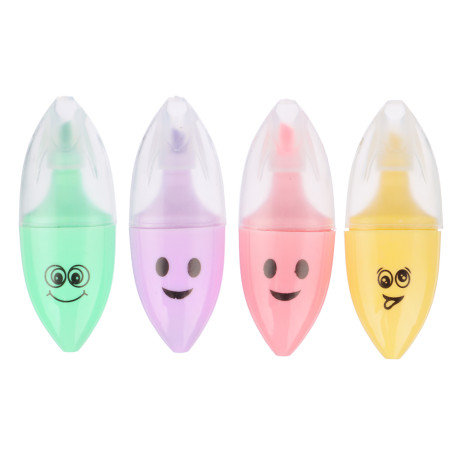 Маркер-выделитель мини, с принтом в форме смайлика, овальный корпус, линия 4мм, 4 цвета