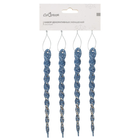 СНОУ БУМ Набор декоративных украшений "Сосульки" 13, 5 см, 4 шт, пластик, глиттер, синий