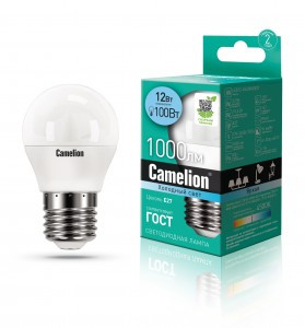 Camelion Шар G45 E27 12W(1000lm 220°) 4500K 4K матов. 90x47 пластик LED12-G45/845/E27