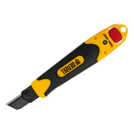 Нож, 18 мм, сменное лезвие, SK4, корпус из ABS + TPR, торцевой зажим Denzel